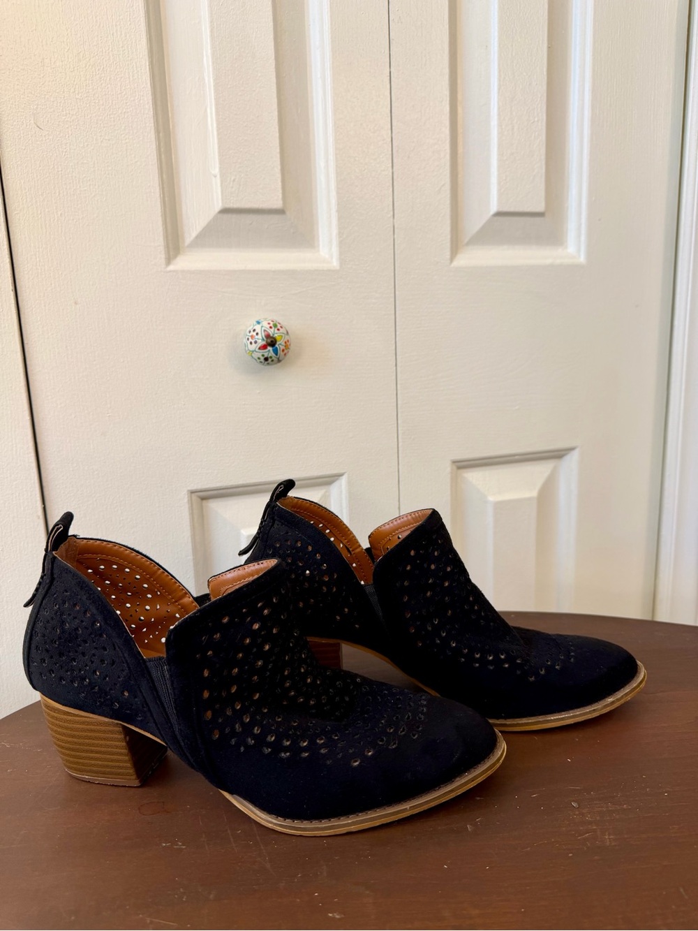 Perforated Suede Black Ankle Heel Boots